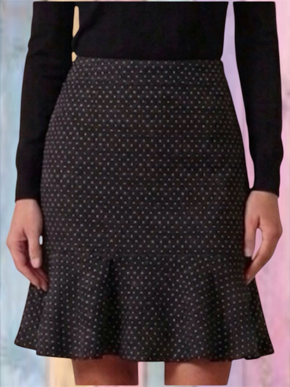 Max Studio Black Elastic Waist Dot Flounce Hemline Skirt